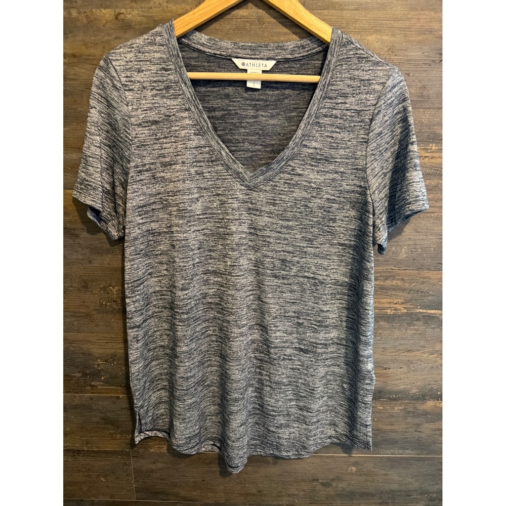 Athleta Breezy Heather Scoop V Tee Blue Space Dye Short Sleeve Shirt L 980776-00